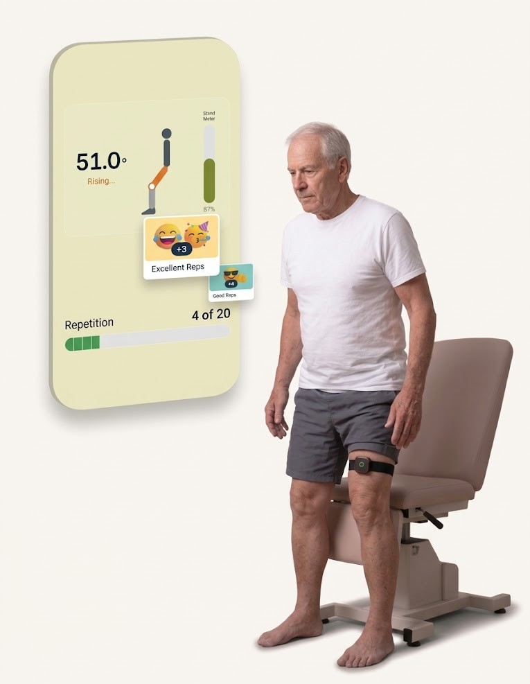 Elderly patient using Kwanexa thigh sensor with real-time app guidance